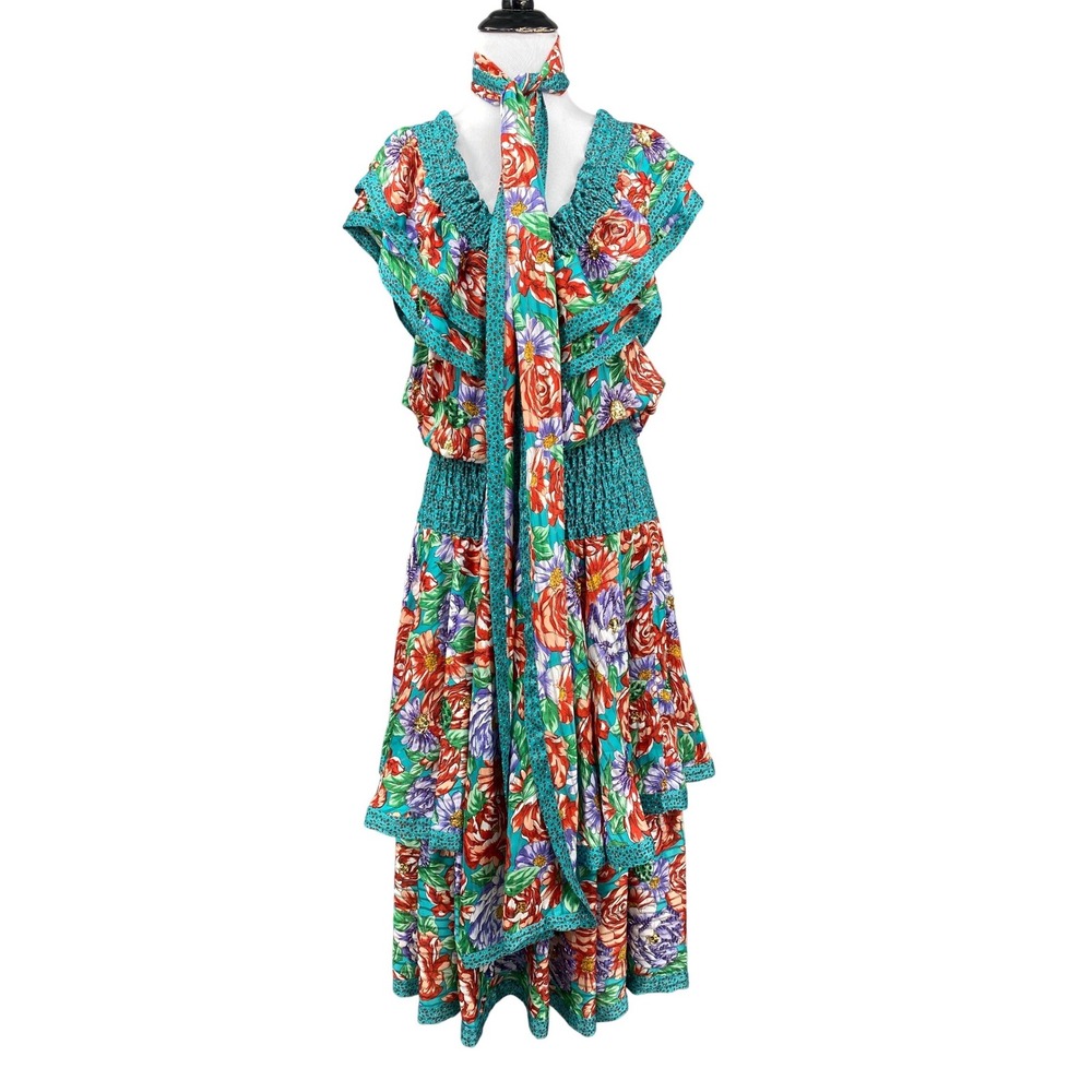 Vtg 80s Diane Freis Floral Georgette Maxi Dress sz M-Large Ruffle Off Shoulder